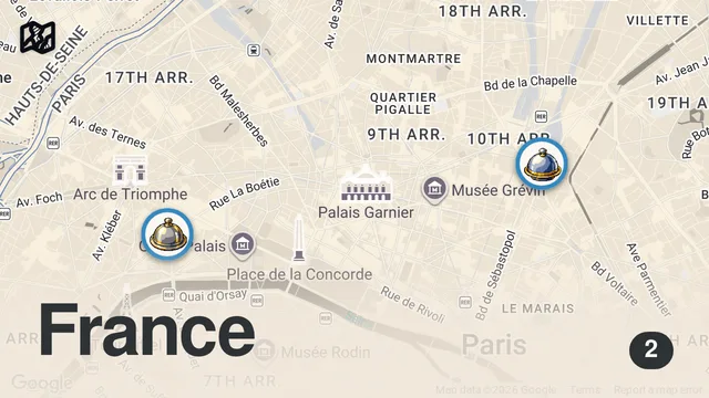 Map of €8 vs €1,640 Dinner in Paris