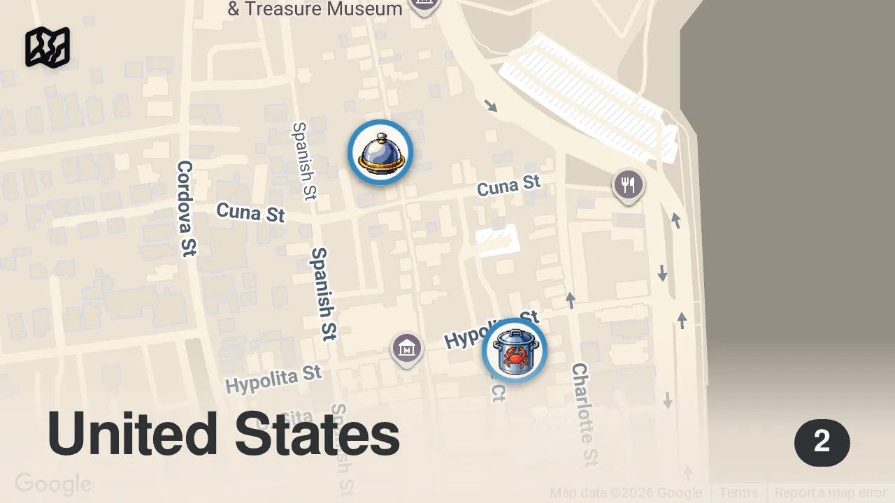 Map of 2 spots from Eating Instagram’s Most Viral Food For 24 Hours (St. Augustine)