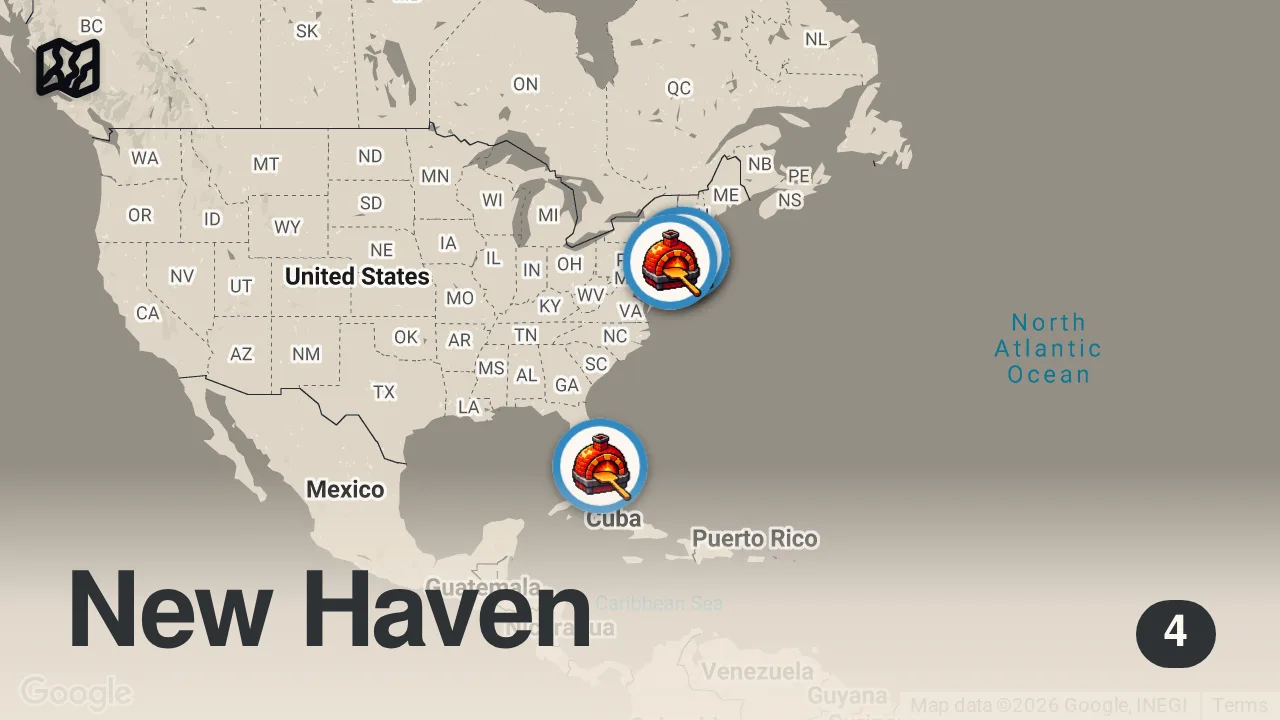 Map of 4 spots from Has this iconic New Haven pizzeria dropped off???