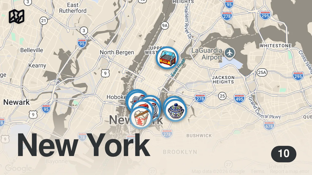 Map of 10 spots from 72 hour New York City Eating Guide! Save this for your next trip.