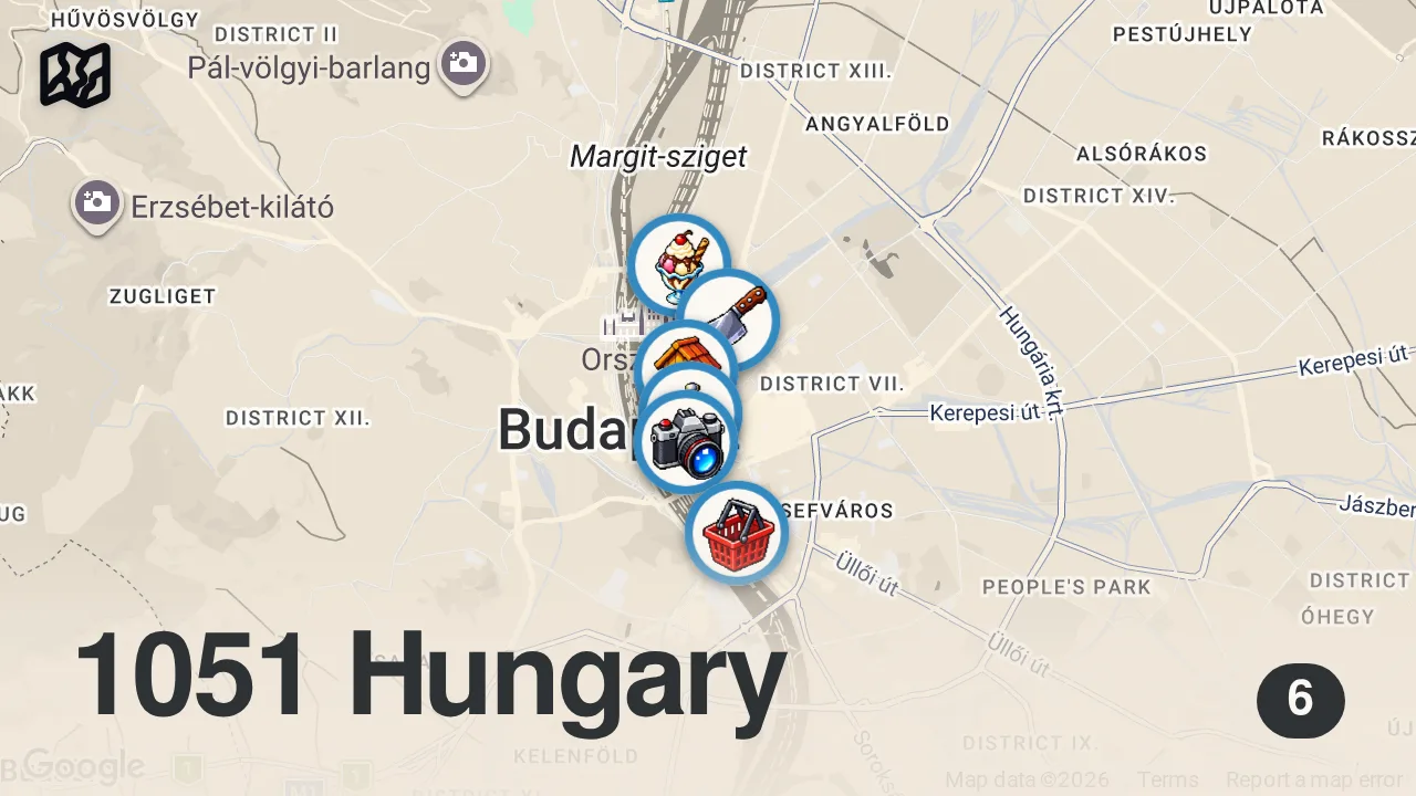 Map of 6 spots from BUDAPEST FOOD FESTIVAL - Goulash, Markets & Hungarian Street Food