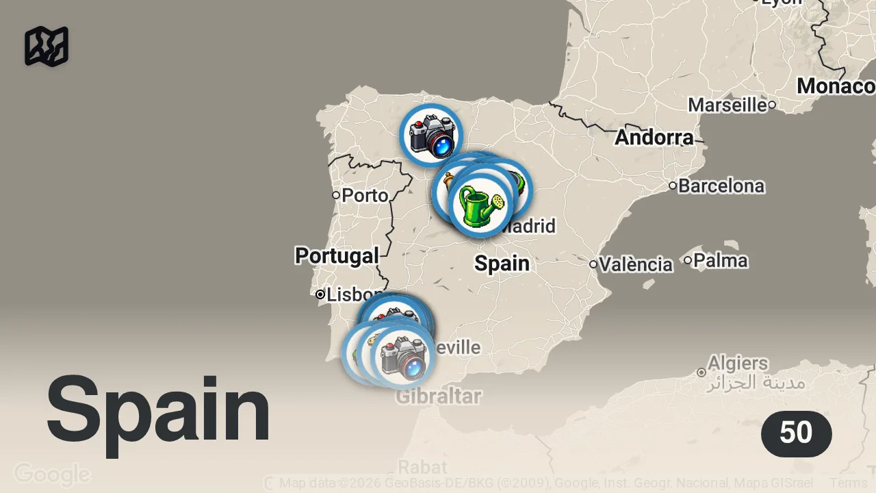 Map of 50 spots from ✅✅✅ ¿CUÁL ES MEJOR? ✅✅✅ DA TU OPINIÓN 🆚🆚 SEGOVIA Ó HUELVA 🆚🆚 Castilla y León o Andalucía ❓❔❓ 2º VS
