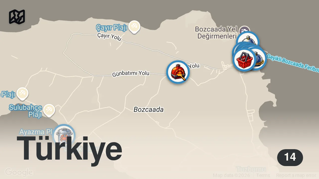 Map of 14 spots from BOZCAADA LEZZET REHBERİ (Bozcaada'nın en kapsamlı rehberi - 2022) - Ayaküstü Lezzetler