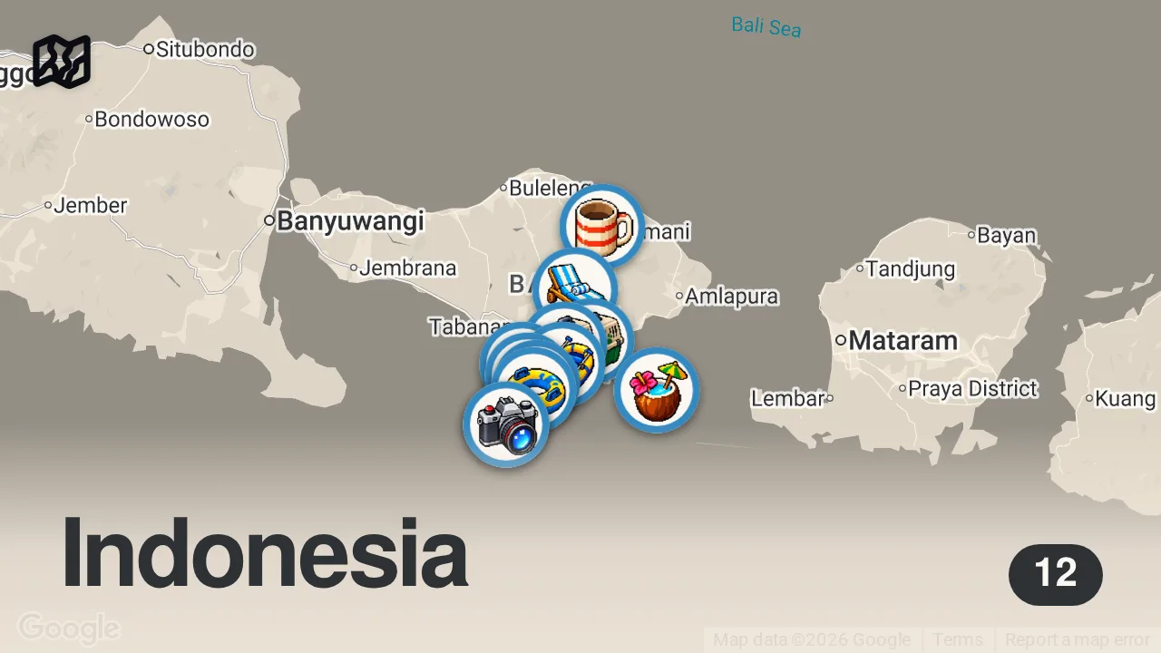 Map of 12 spots from Bali 2025 Travel Guide: Best Places to Visit & Things to Do • Ubud, Canggu, Seminyak • Budget Vlog