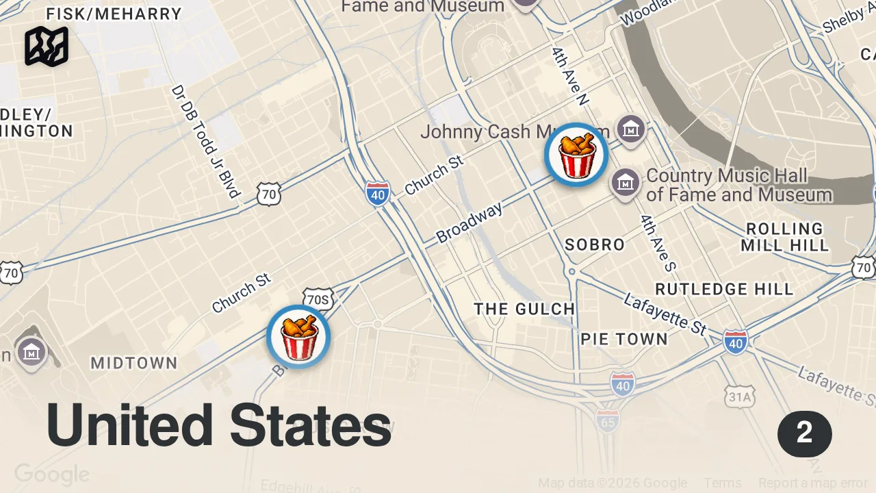 Map of 2 spots from Eating The ORIGINAL Hot Chicken Sandwich... Battle of the Originators (Who did it first?)