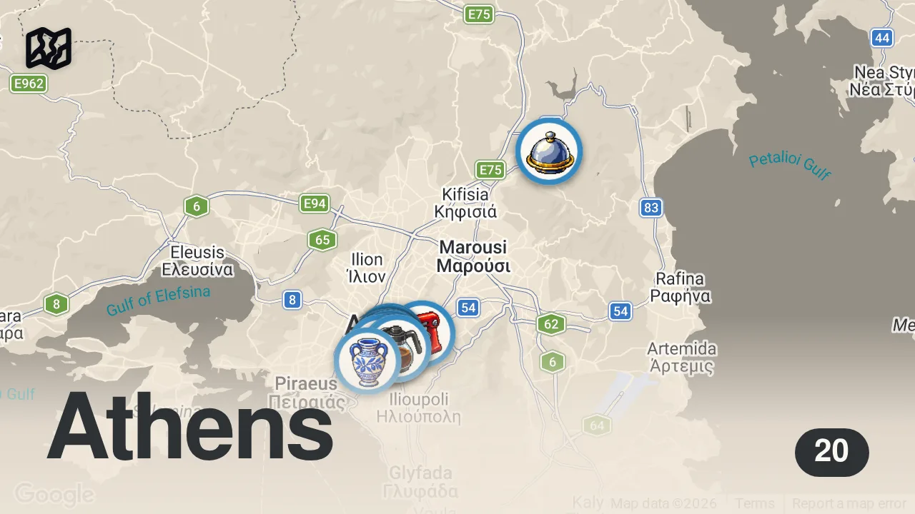 Map of 20 spots from 72 HOURS Greek Street Food 🇬🇷 30+ MUST EAT Foods in Athens, Greece