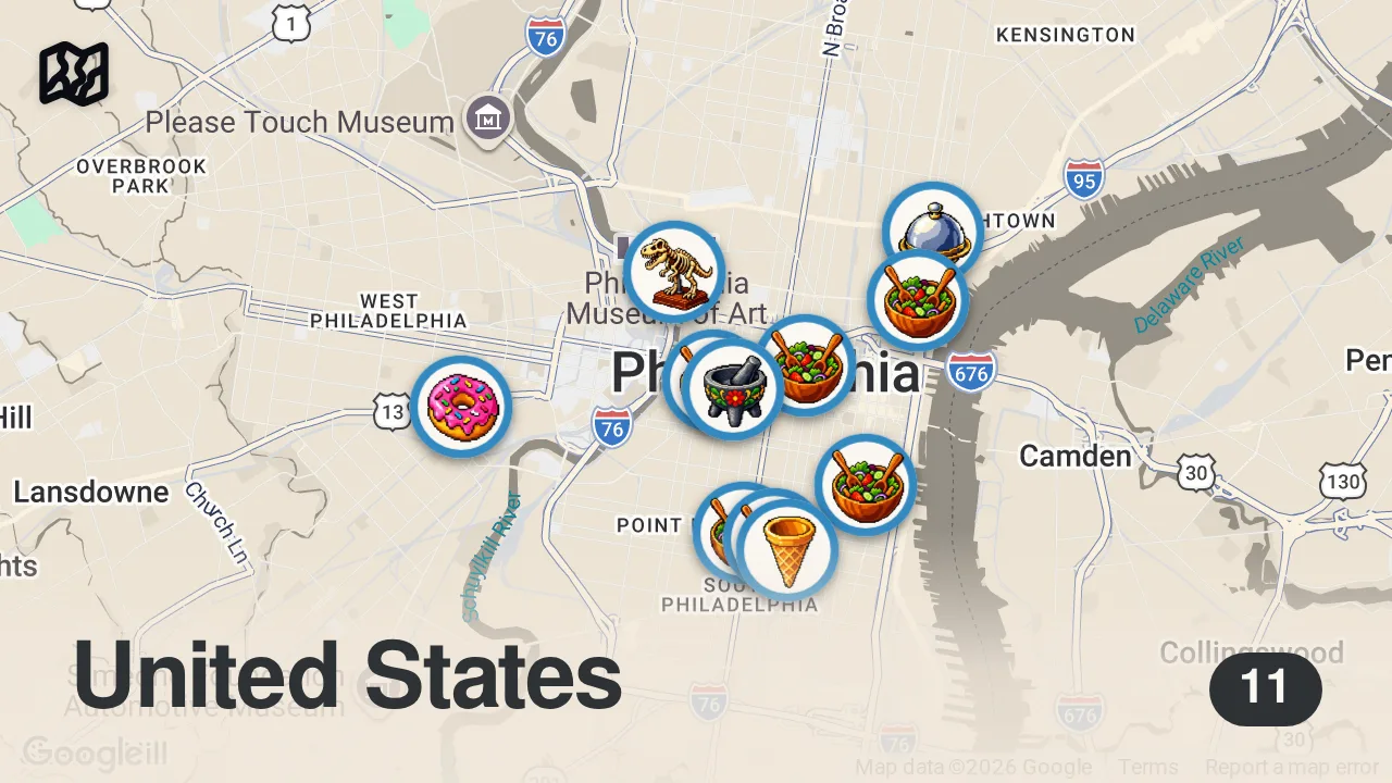 Map of 11 spots from 72 Hours to Try 11 Vegan Restaurants in Philly!