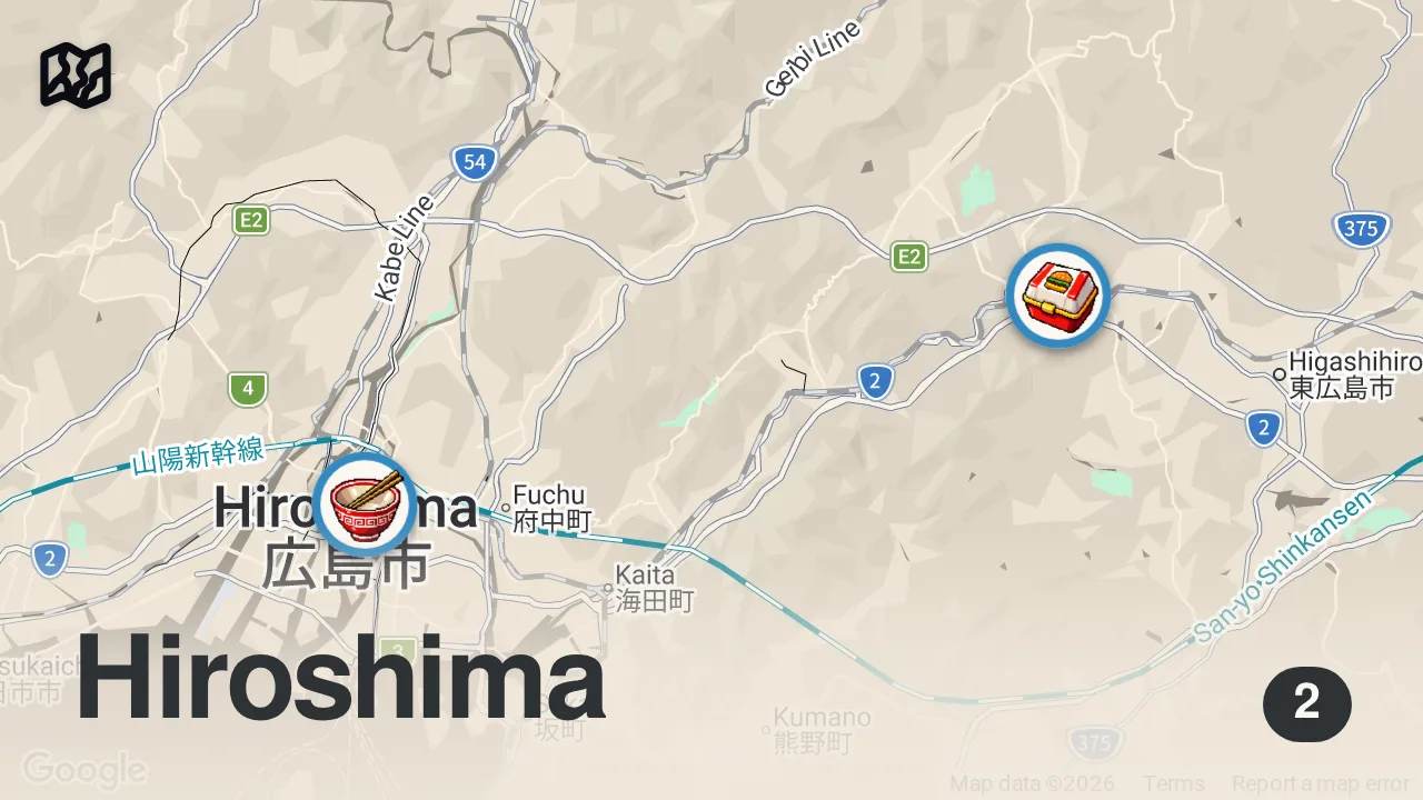 Map of 2 spots from How much I eat to cycle across Japan (it’s a LOT…)