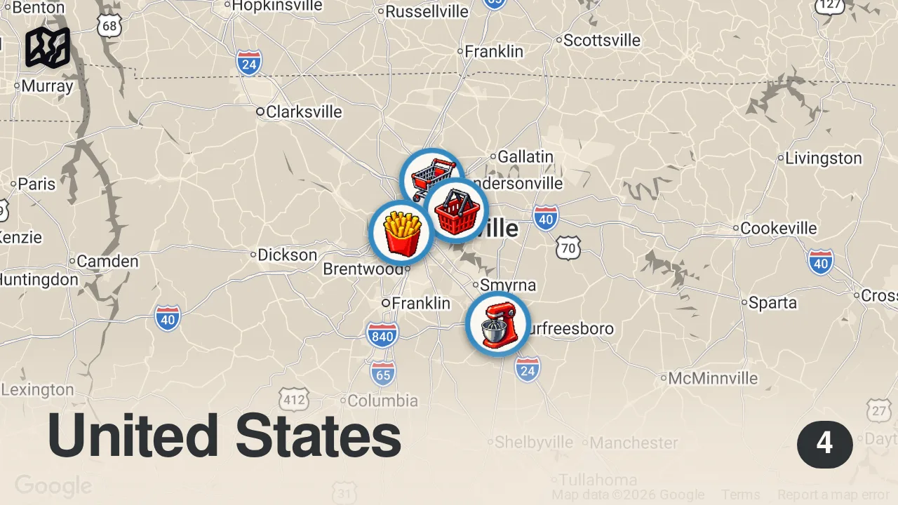 Map of 4 spots from Eating on Facebook Marketplace For 24 Hours... (Nashville)