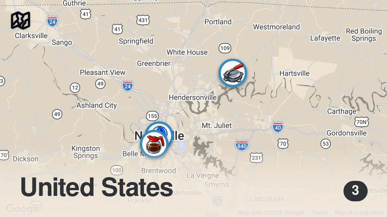 Map of 3 spots from Eating At SKETCHY Restaurants For 24 Hours... (Surprisingly Delicious)