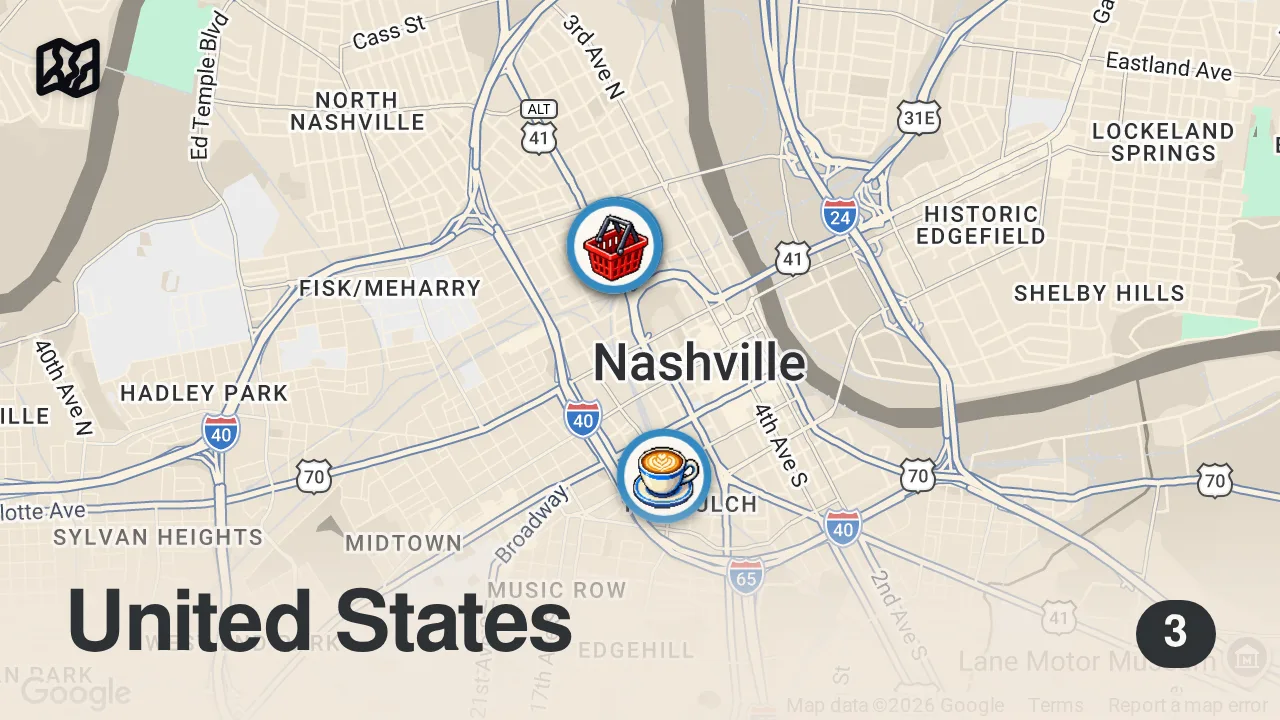 Map of 3 spots from $100 Food Challenge: National FARMERS Market