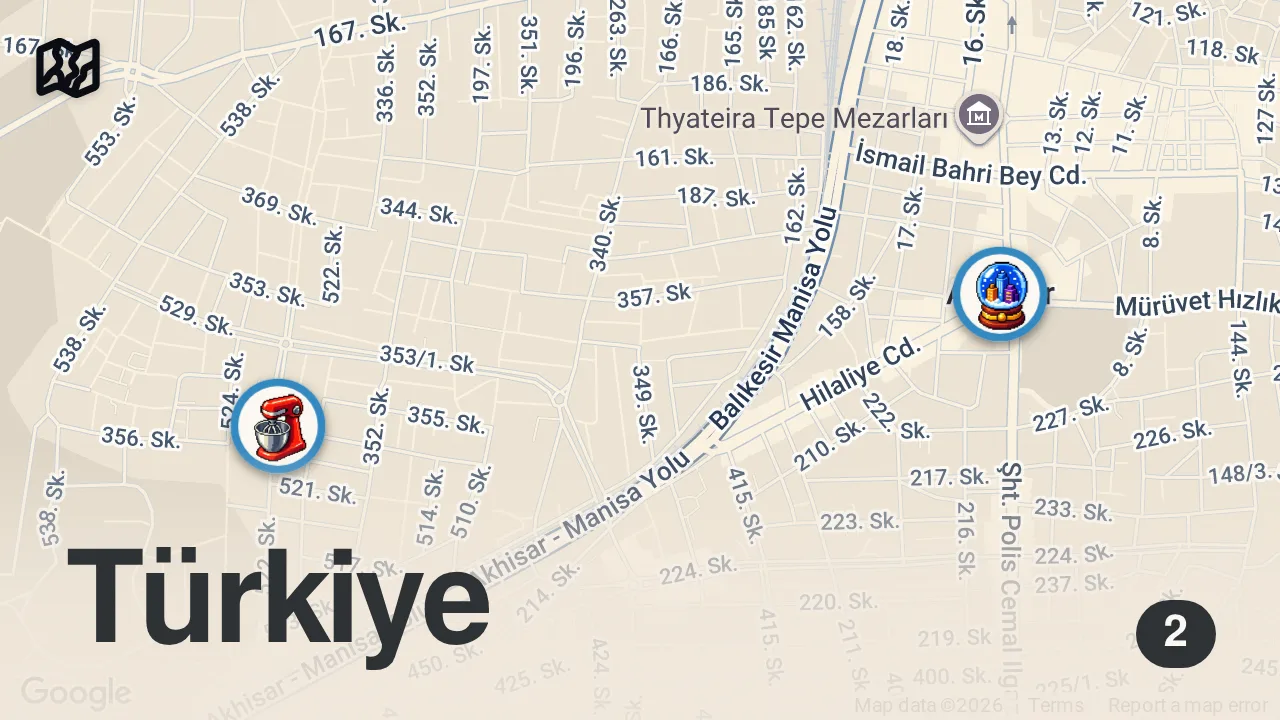 Map of 2 spots from Bu Mekan İçin Akhisar’a 100 Km Yol Yaptık @firinaktas #işbirliği