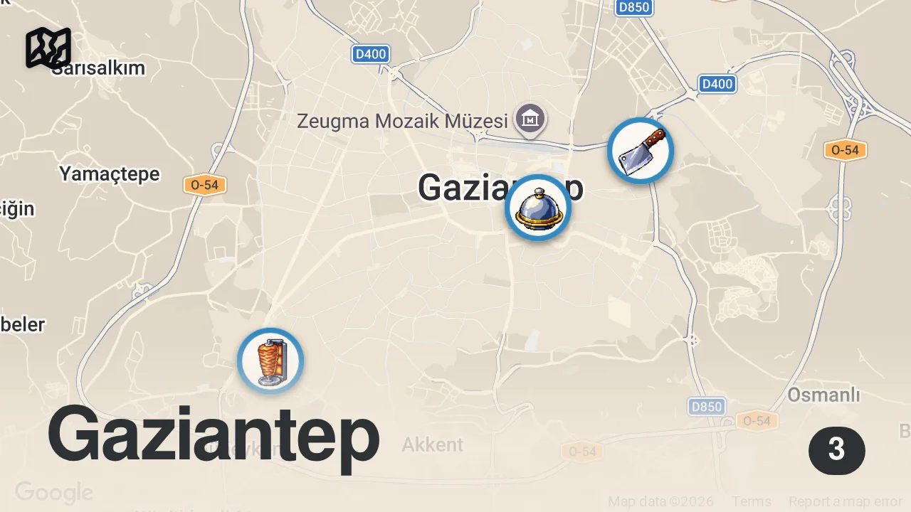 Map of 3 spots from Gaziantep’in Salaş Kebapçıları Reklam