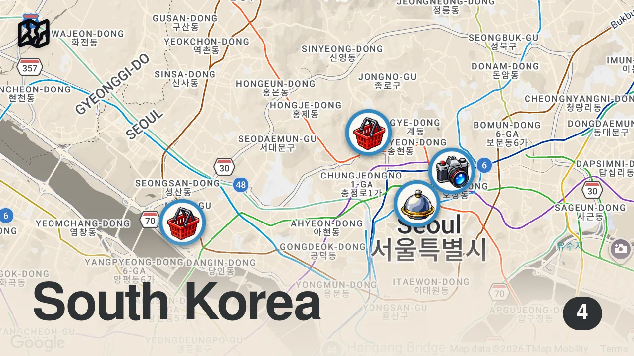 Map of 4 spots from I Ate the Most Viral Street Foods in Korea!