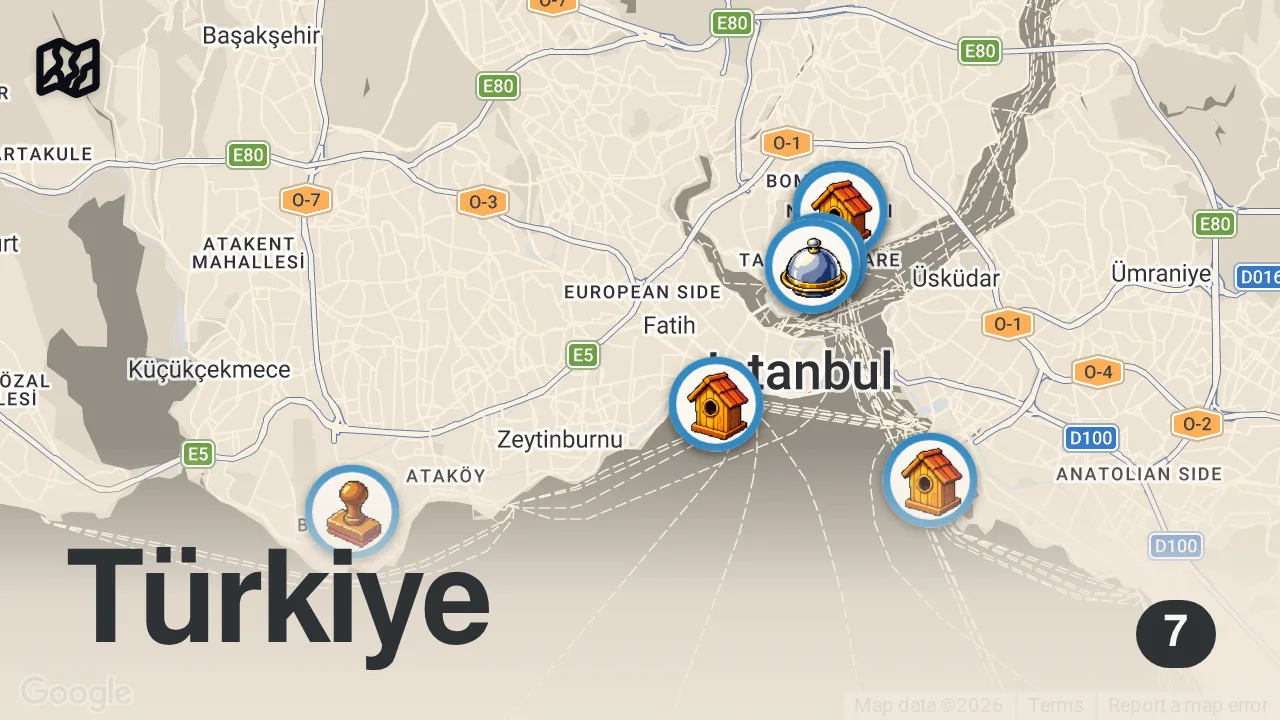 Map of 7 spots from İSTANBUL’DA TABELASIZ RESTORAN KEŞFETTİK #VLOG12 – Ayaküstü Lezzetler