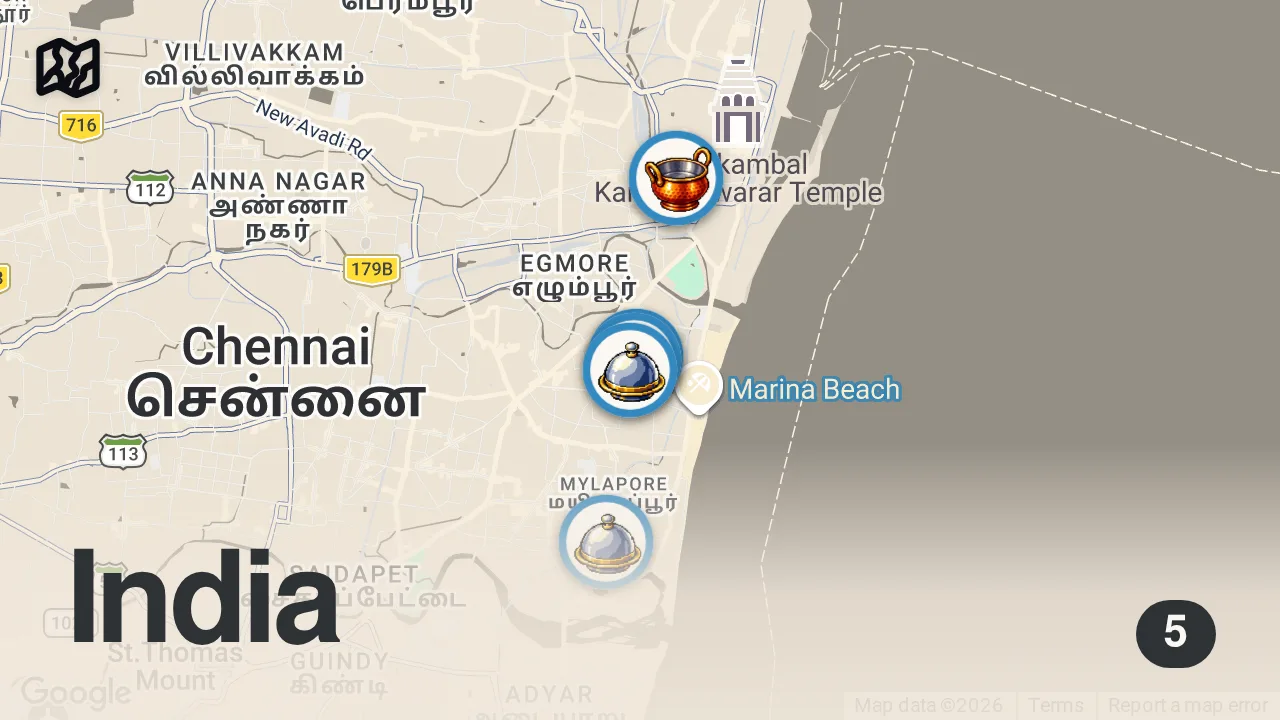 Map of 5 spots from 24 hours of SOUTH INDIAN Street Food in Chennai, India
