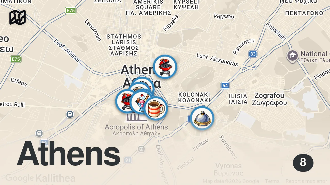 Map of 8 spots from 24h Of GREEK FOOD In ATHENS - Best Souvlaki & Amazing Gyros!