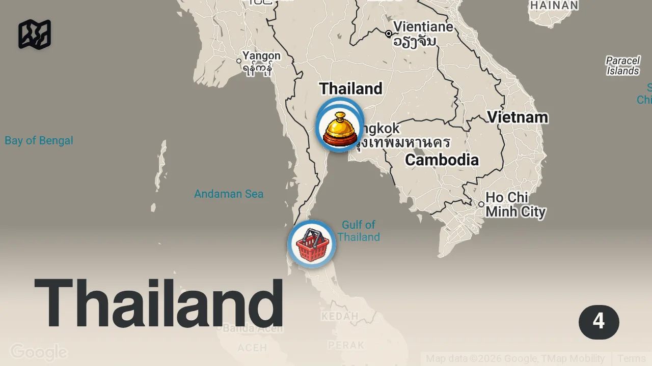 Map of 4 spots from How a Master Chef Catches Thailand’s Giant River Prawns for an Ancient Thai Dish — Made in Thailand