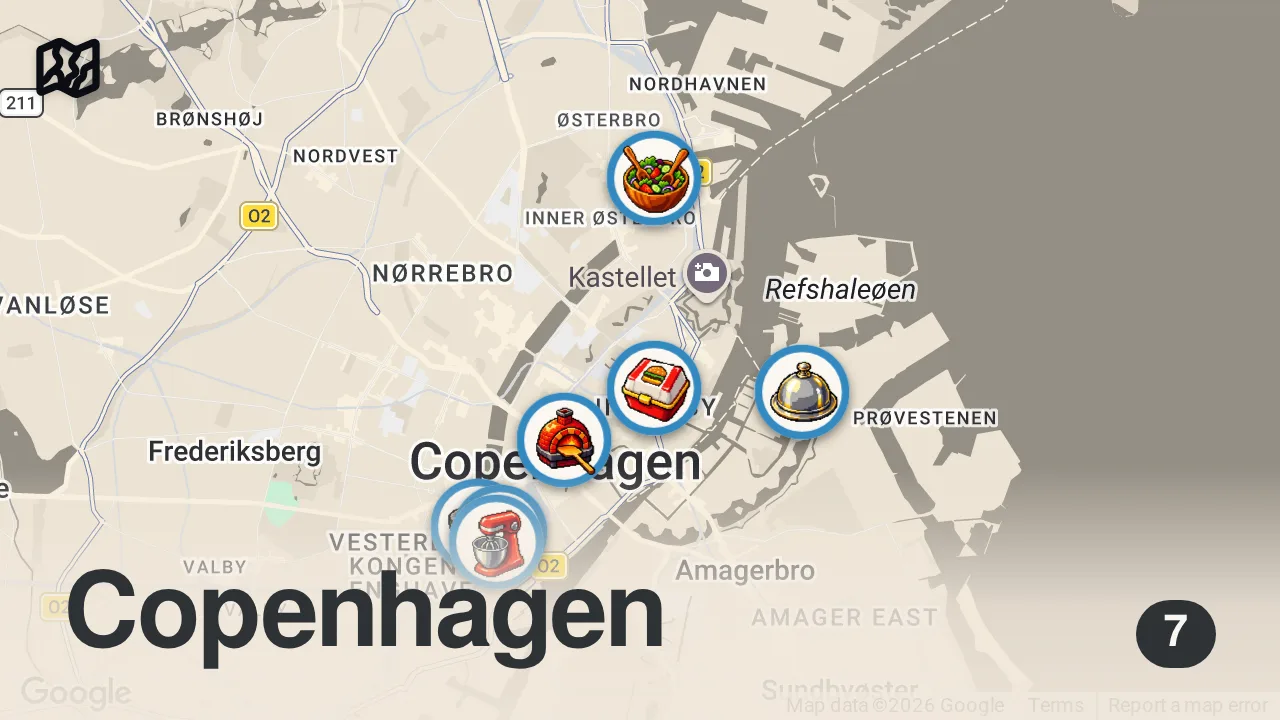 Map of 7 spots from 100 Hours of Eating in Copenhagen🇩🇰