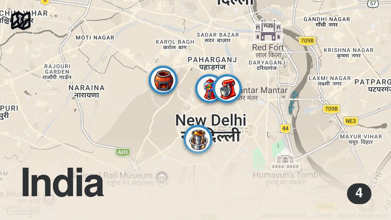 Map of 4 spots from Central Delhi Asli Food Legends! Chole Bhature, Mysore Dosa, Bakery, Chicken Tikka & Butter Chicken