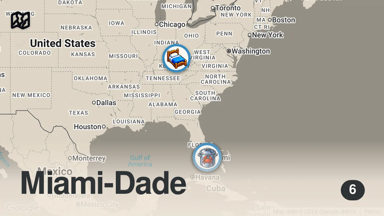 Map of 6 spots from 48 Hours Eating Miami’s Most ICONIC Food!