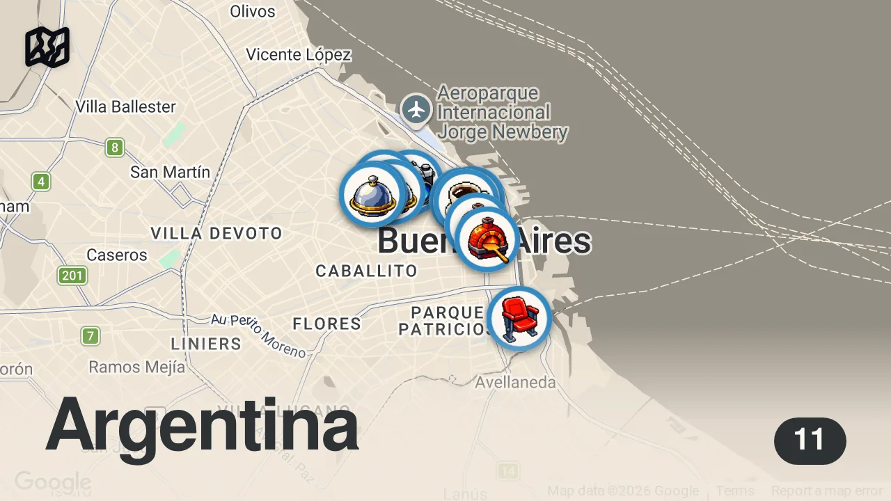 Map of 11 spots from Arjantin'de Efsane Lezzetler Denedik! - Ayaküstü Lezzetler | Canlı Yayın
