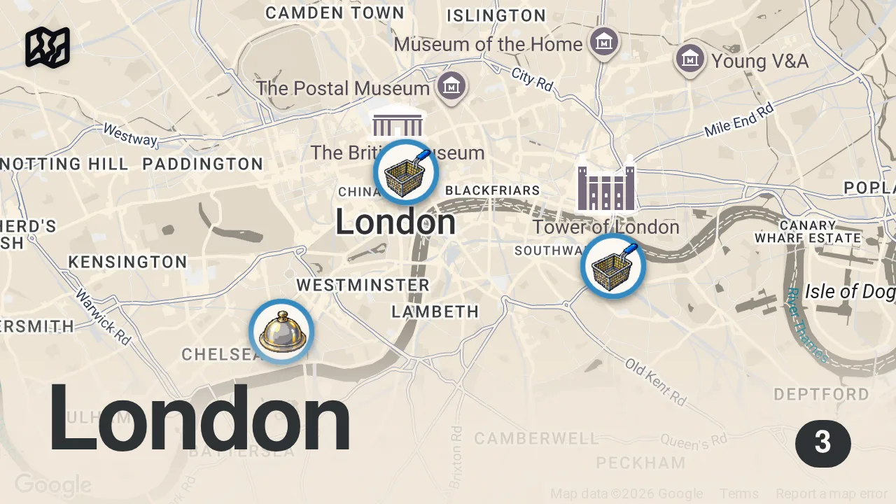 Map of 3 spots from £6 vs £264 Fish and Chips
