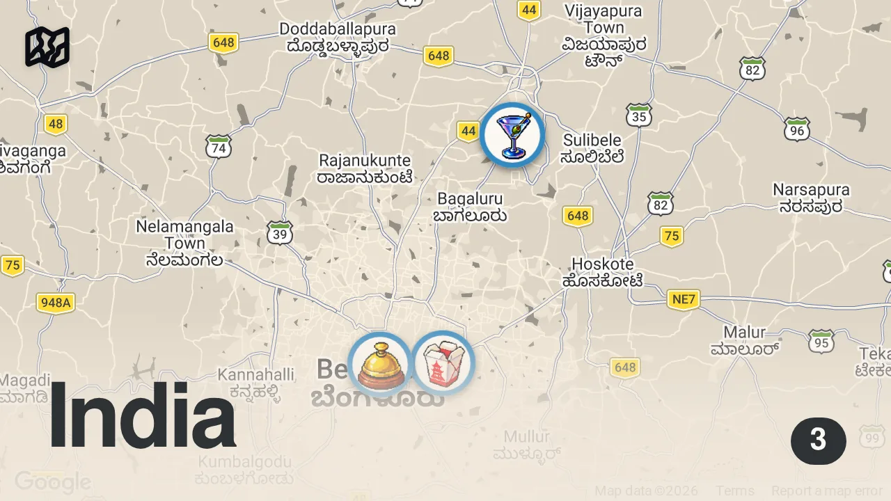 Map of 3 spots from A night in Bengaluru ๐ vlog ~ Cozy staycation, Rameshwaram Cafe, Buffet Breakfast & Hotel Life!
