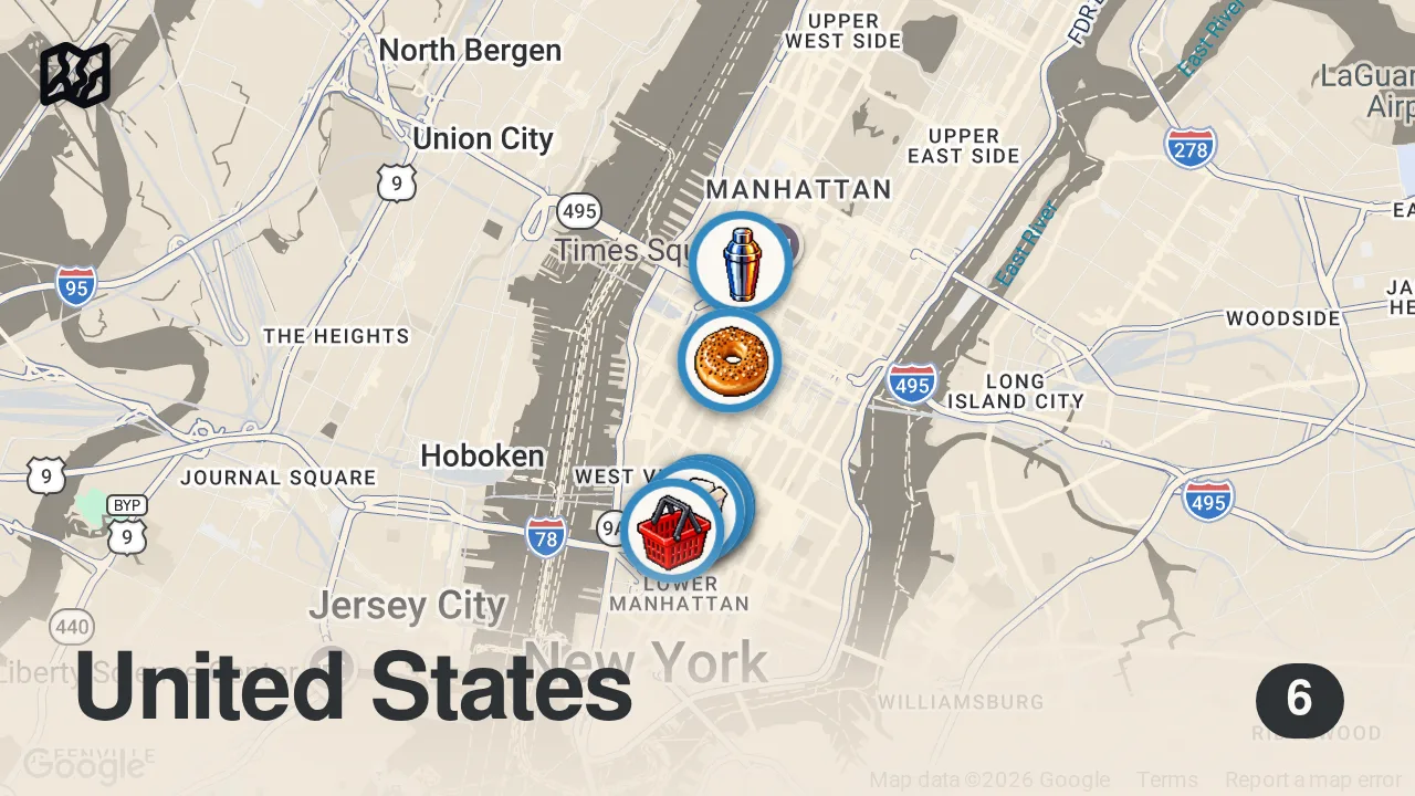 Map of 6 spots from 4 MUST EAT Lunch Spots in NYC's Washington Square Park