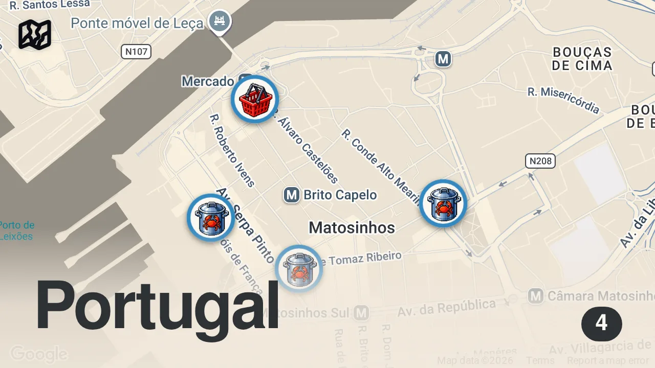 Map of 4 spots from Best Portuguese Food!! 🦞 SEAFOOD MOUNTAIN + Lobster Rice in Matosinhos, Portugal!