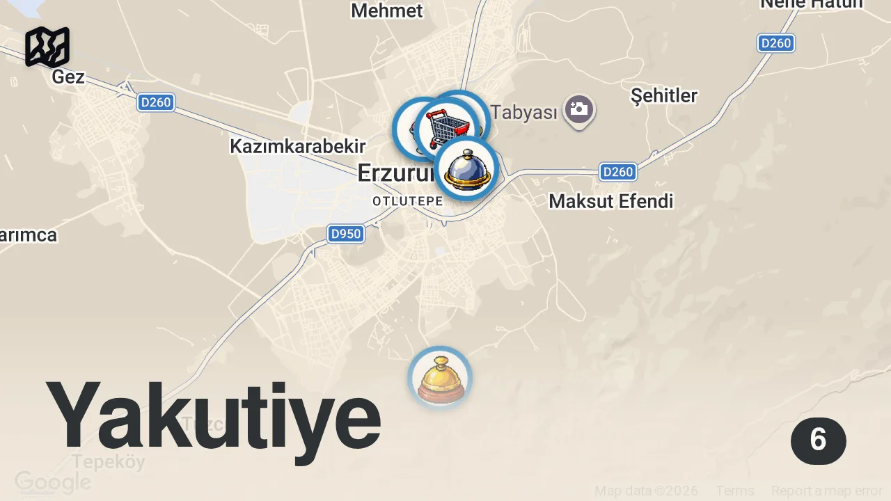 Map of 6 spots from ERZURUM LEZZET REHBERİ (Ayak paça çorbası, cağ kebabı, kadayıf dolması) - Ayaküstü Lezzetler