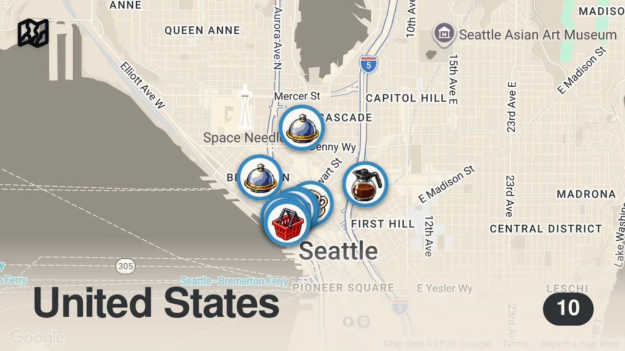 Map of 10 spots from 10 BEST PLACES to EAT in Downtown Seattle, Washington