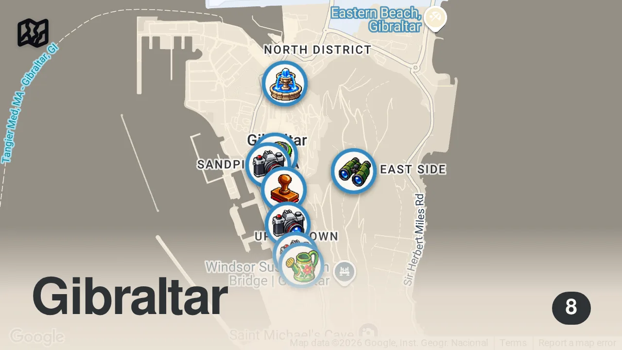 Map of 8 spots from Gibraltar 🇬🇮 The Rock - Summer Walk 2025 4K 60fps (Europe’s Only Wild Monkeys) ​[Binaural ASMR]