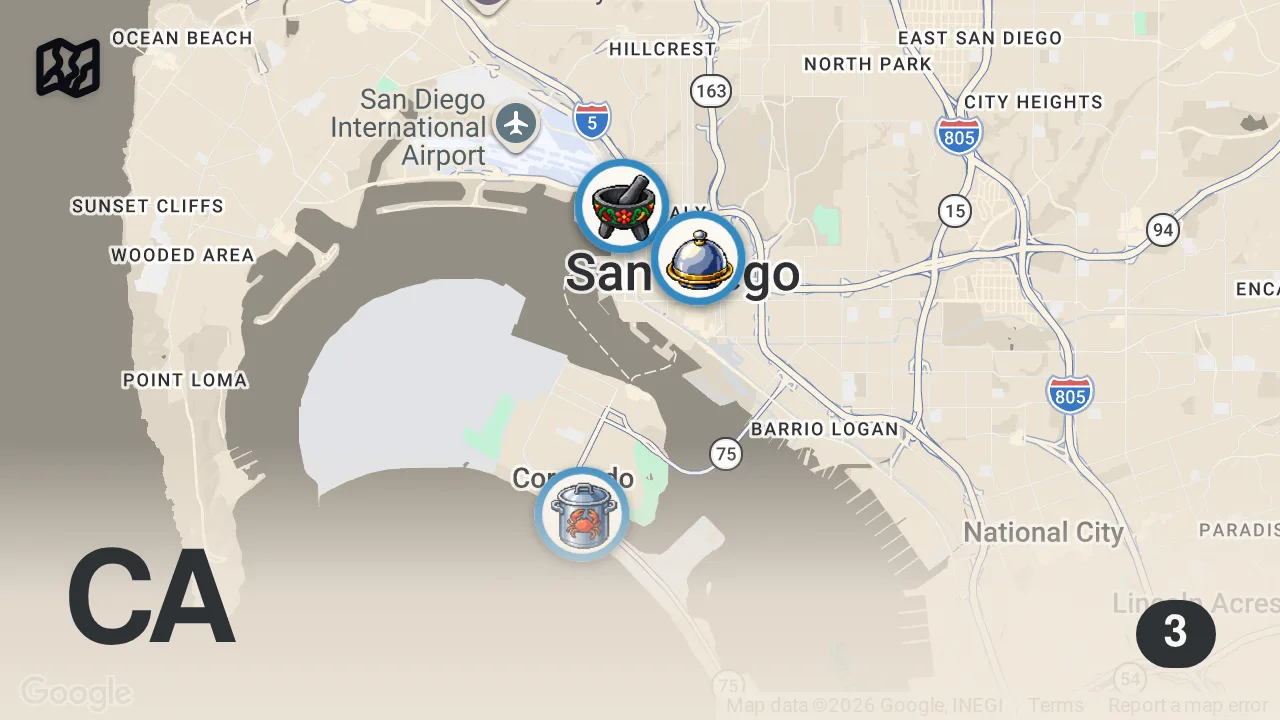 Map of 3 spots from BEST TACO IN SAN DIEGO: TACOTOPIA!!!