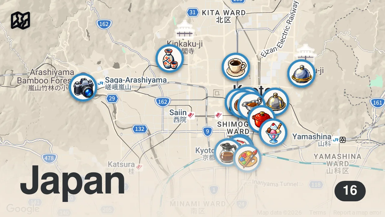Map of 16 spots from 9 MUST EAT Kyoto Japan Restaurants