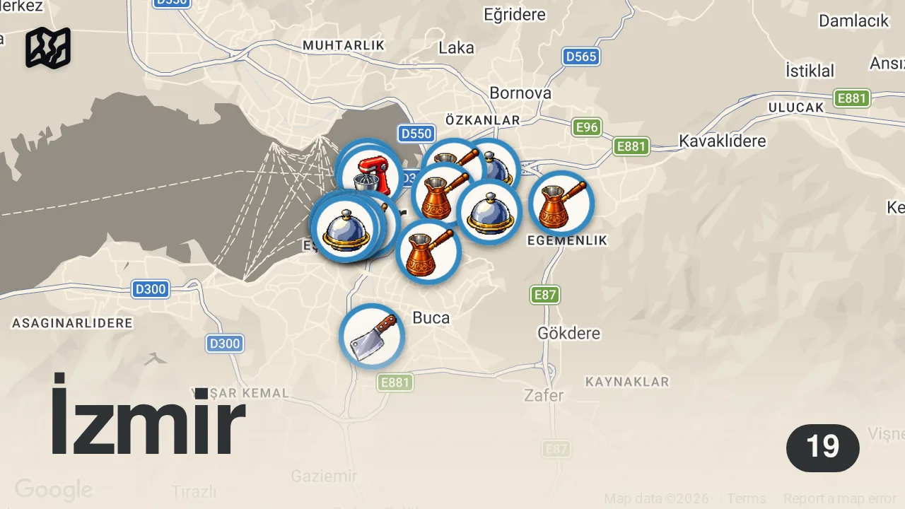 Map of 19 spots from 25 Must Try TURKISH STREET FOODS in Izmir 🇹🇷 UNDERGROUND Roasted Kokorec + LAMB HEAD & More