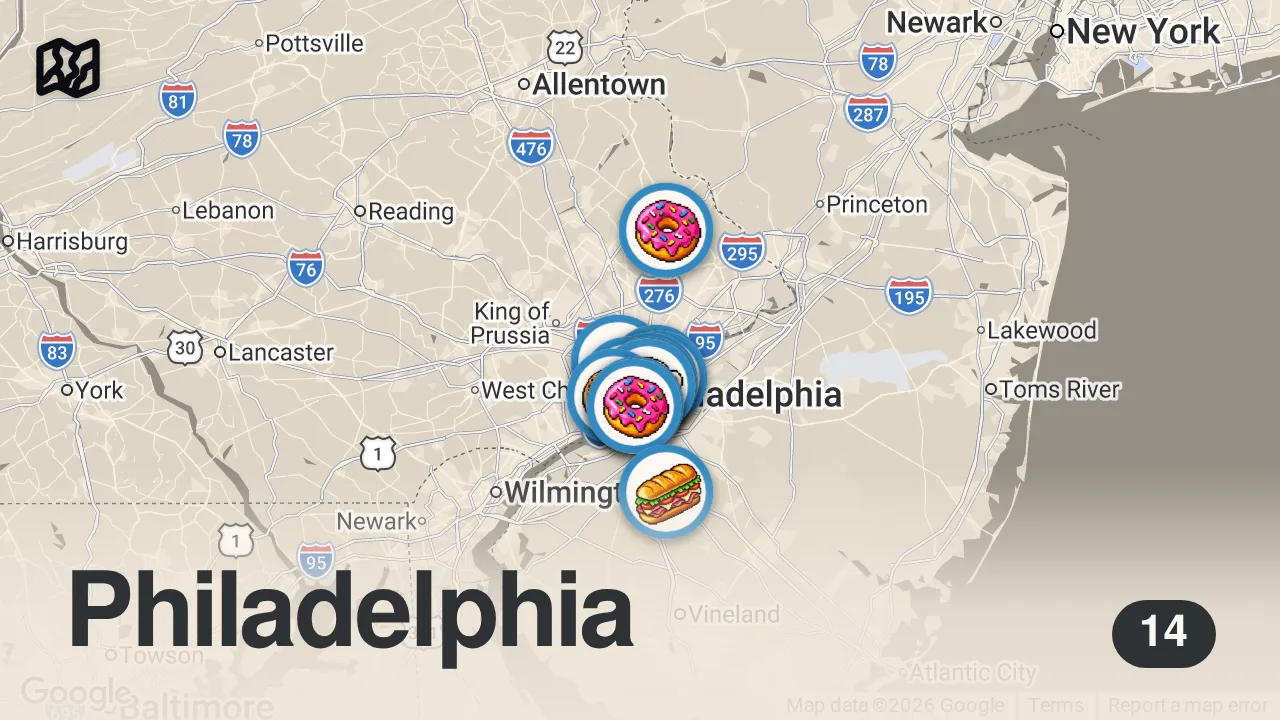 Map of 14 spots from The best breakfast sandwiches in Philly.