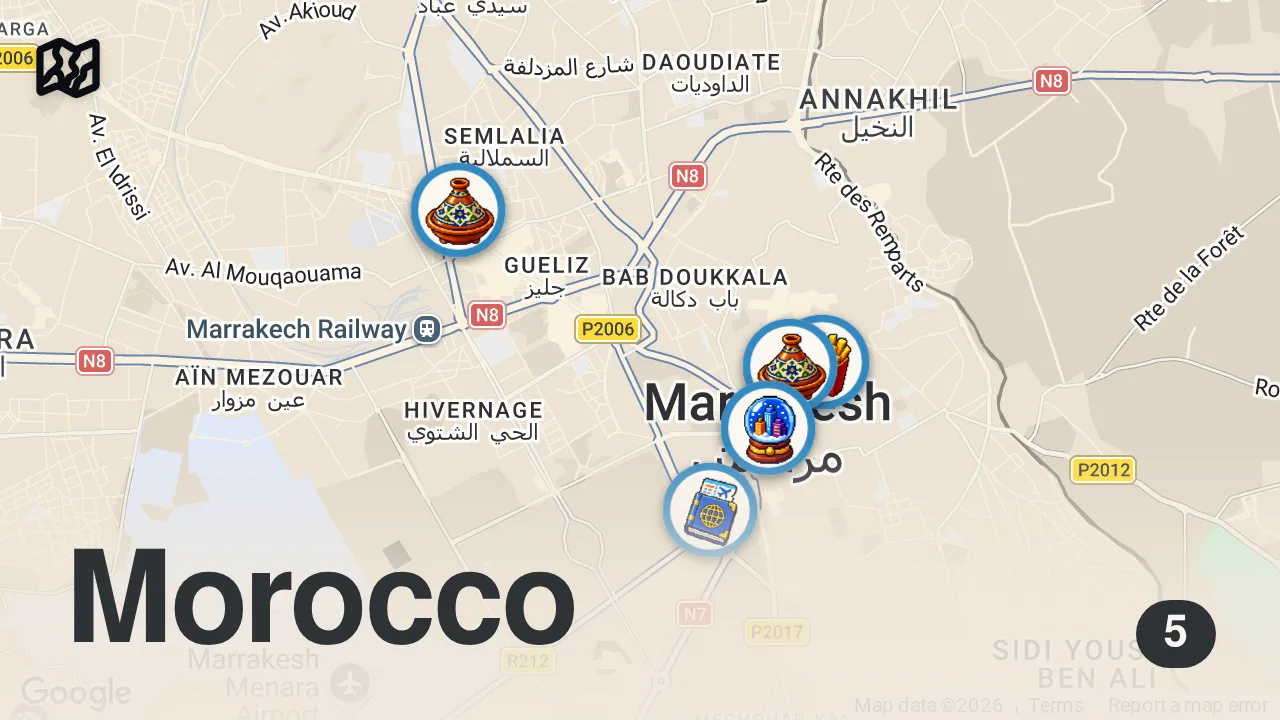 Map of 5 spots from $1.49 Morocco Fast Food - SANDWICH KING!! 🥙 Marrakesh Street Food Tour!