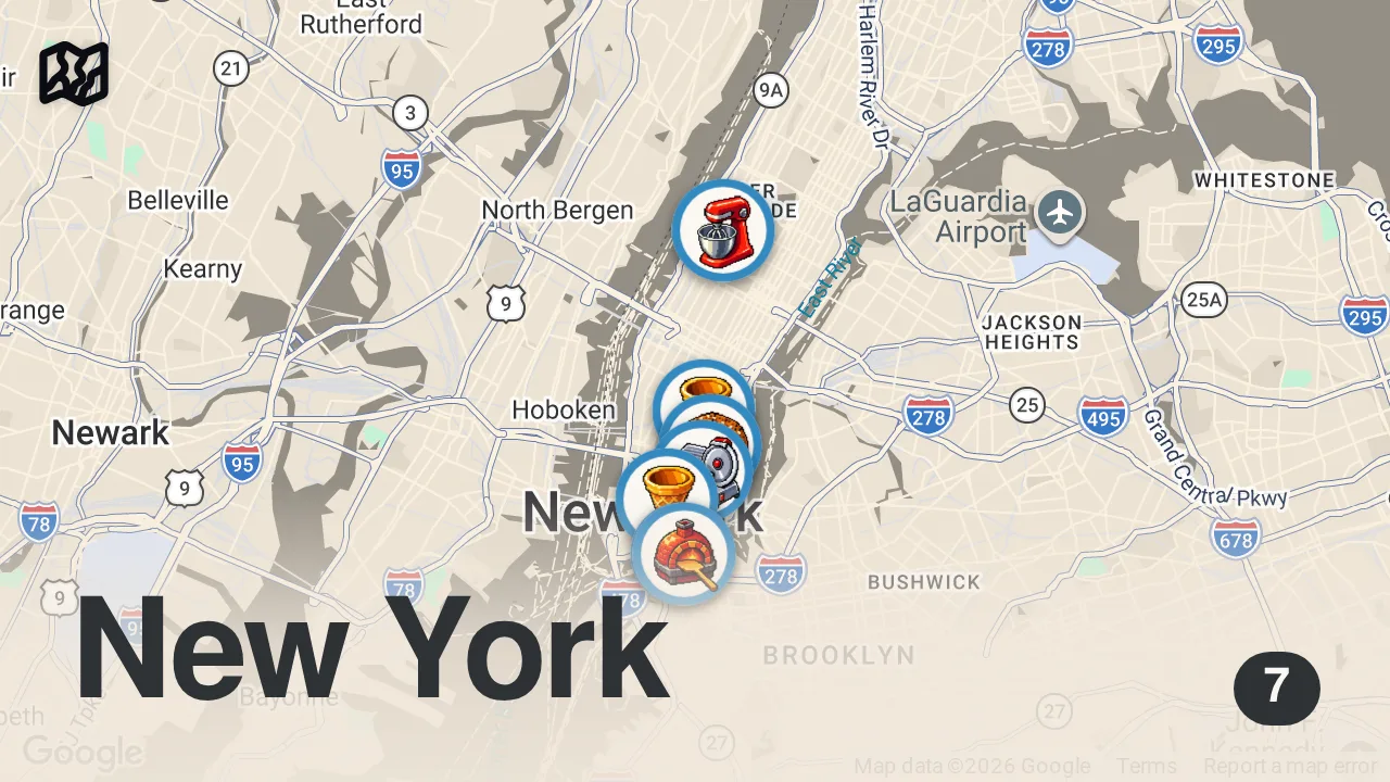 Map of 7 spots from 24 hours in NYC - iconic places to eat