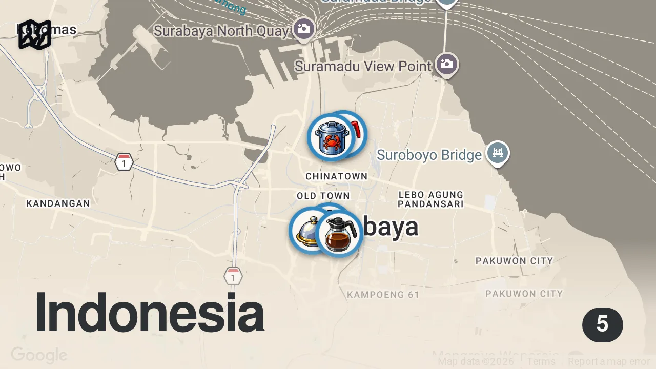 Map of 5 spots from INSANE Indonesian street food in SURABAYA - World's #1 Soup + Cow's Nose Salad + Spicy seafood