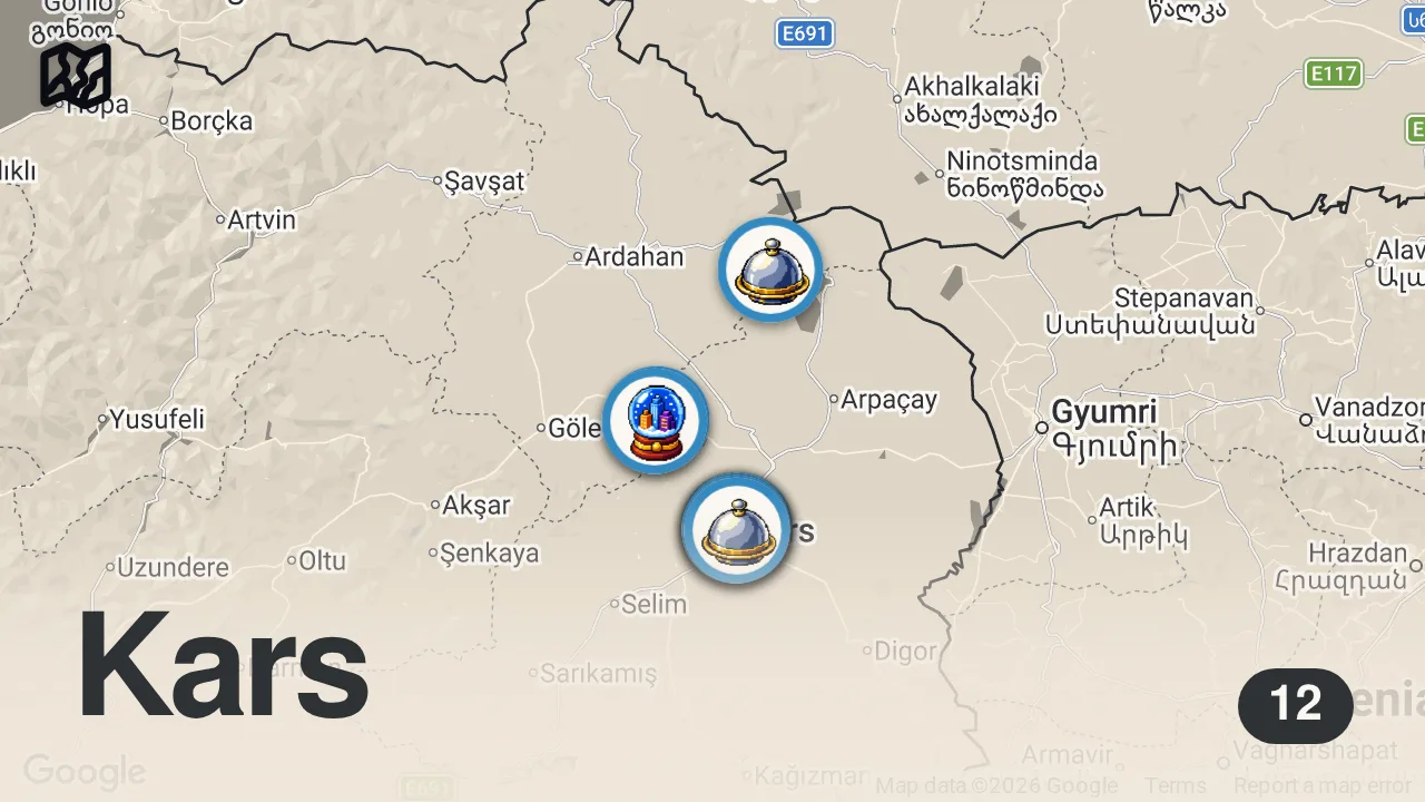 Map of 12 spots from KARS LEZZET REHBERİ (Gravyer, piti, tırnak paça, hangel, kaz, gafil gonah) - Ayaküstü Lezzetler