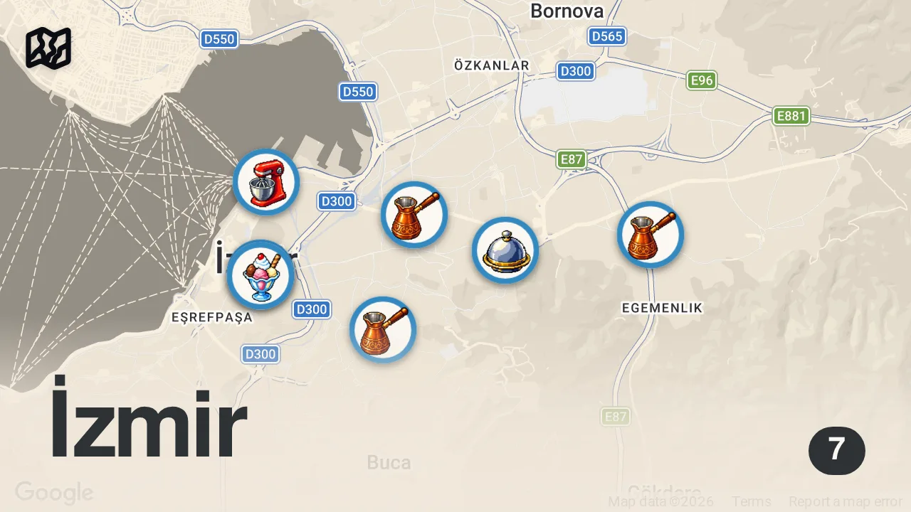 Map of 7 spots from Street food in IZMIR 🇹🇷 - UNDERGROUND ROASTED KOKOREC + Insane street food tour in Izmir Turkey