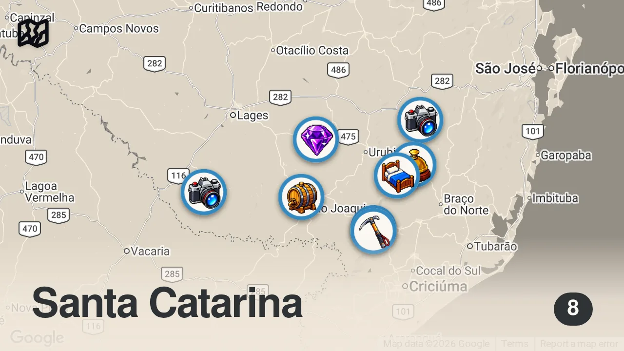Map of 8 spots from 10 Dias Explorando os Lugares mais Surreais de Santa Catarina