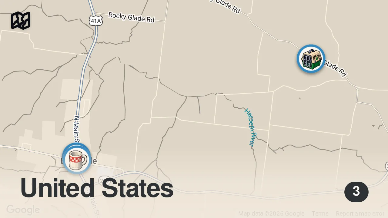 Map of 3 spots from Eating in Tennessee Smallest Town For 24 Hours...