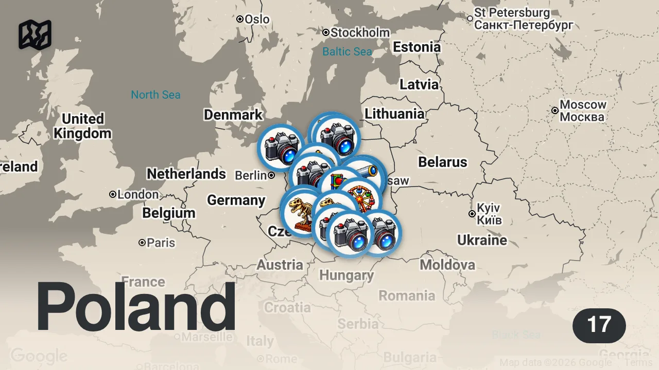 Map of 17 spots from 19 nowych atrakcji w Polsce. Ten rok to przesada