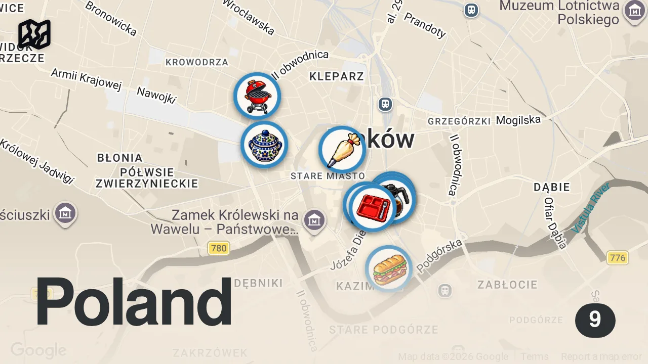 Map of 9 spots from Europe's MOST Underrated Food City! Polish Street Food in Krakow