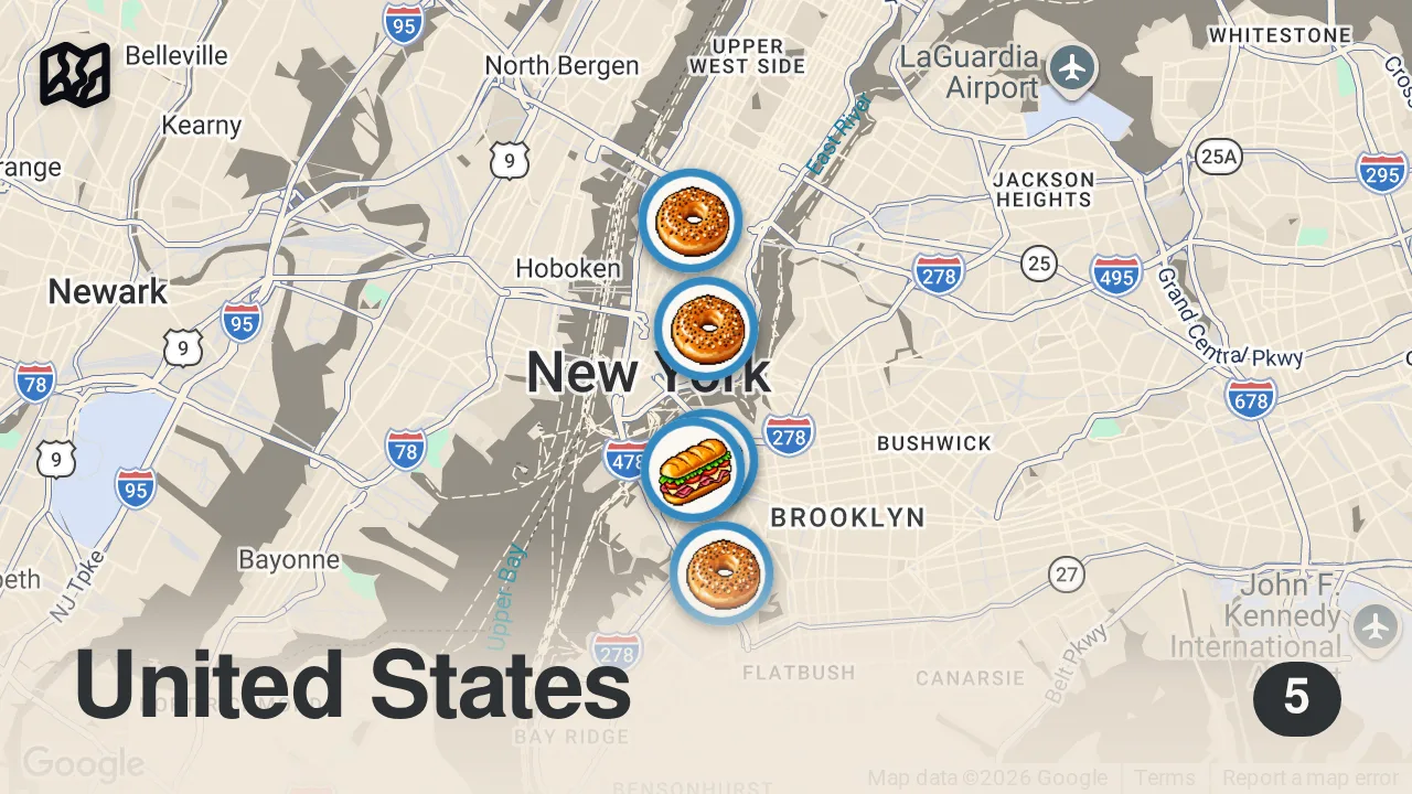 Map of 5 spots from Brad Lander has a PROFESSIONAL Bagel Order!