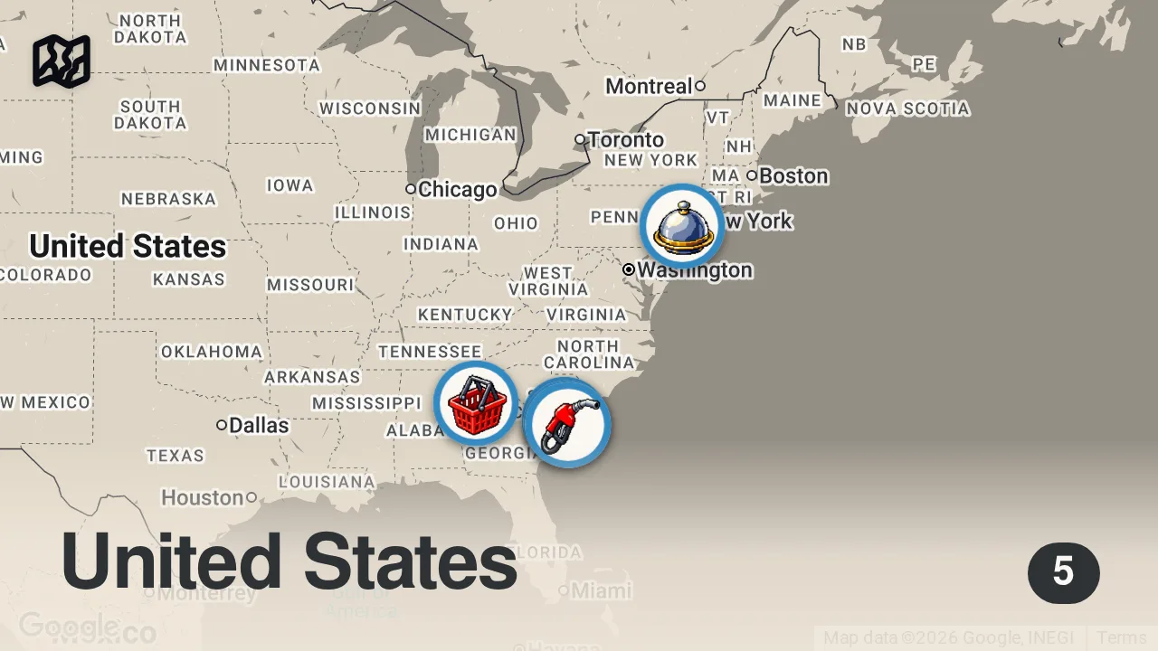 Map of 5 spots from Eating at Gas Station Restaurants For 24 Hours... (South Carolina)
