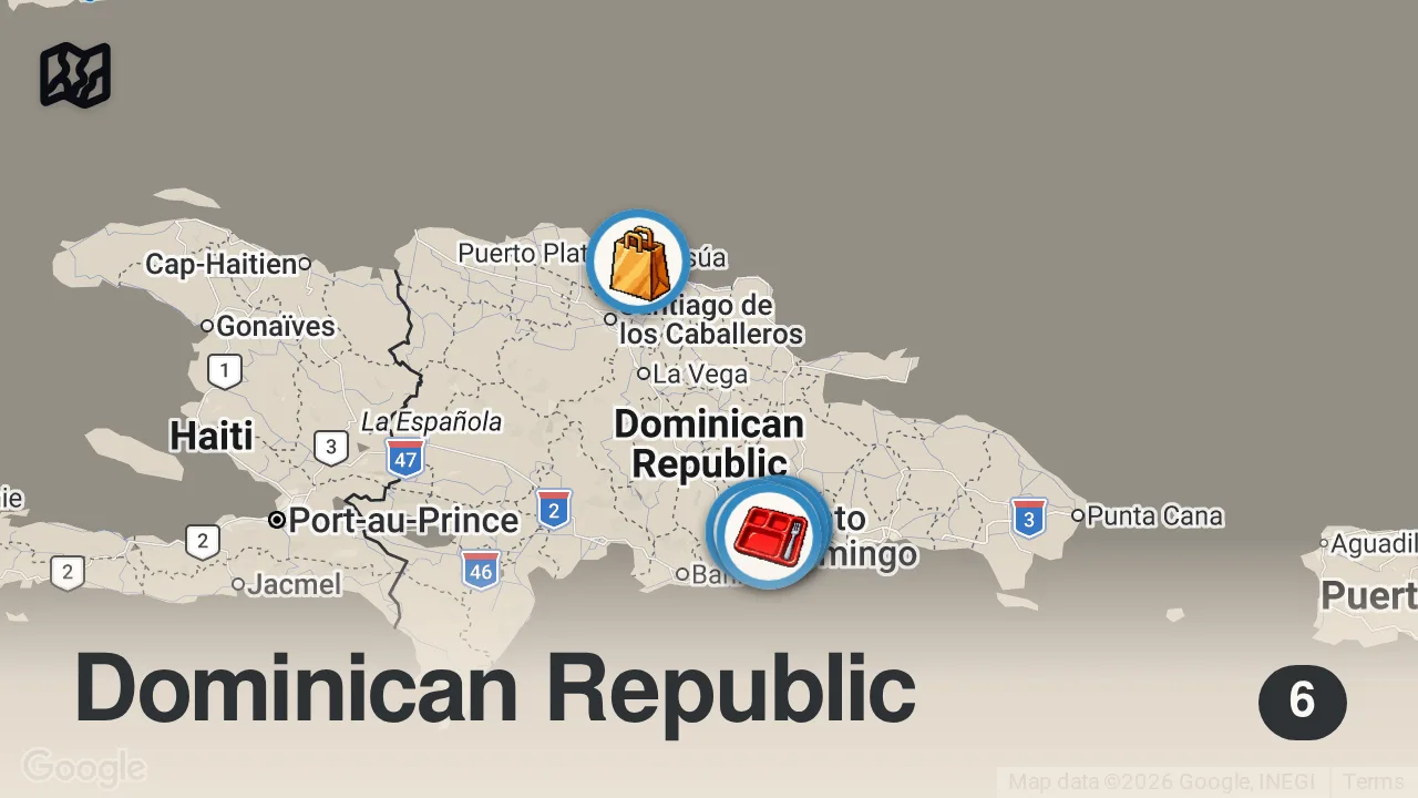 Map of 6 spots from I Ate STREET FOOD in the Dominican Republic for 24 Hours!!
