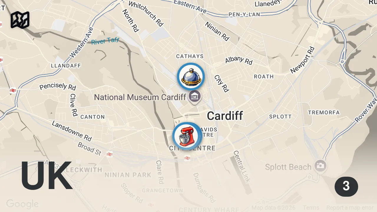 Map of 3 spots from I Ate In The UK's FRIENDLIEST City!